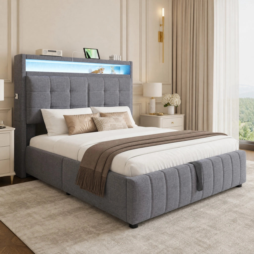Letto imbottito 140x200 cm con LED, USB e vano contenitore