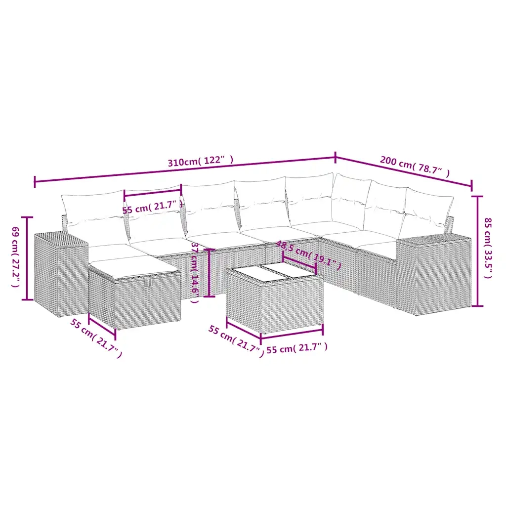 Set Divano da Giardino 9 pz con Cuscini Beige in Polyrattan 3264524