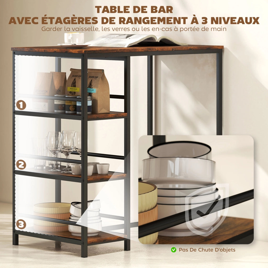 Tavolo da bar con 3 ripiani e telaio in acciaio ¨C Minimal ¨C 90x50x90,5 cm marrone rustico e nero