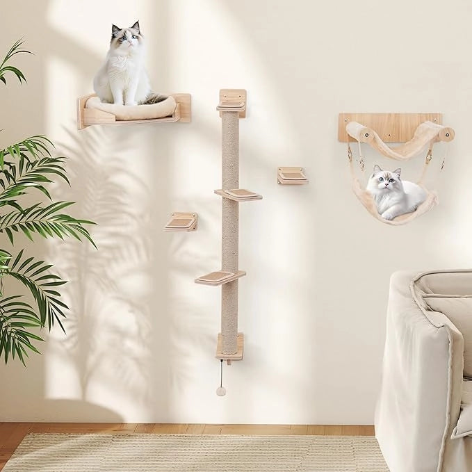 Mensole da Parete per Gatti, Set di Mobili con 2 Amache, Letto, Scalini, Pali Tiragraffi in Juta, Cuscini di Peluche, Arrampicatore in Legno per Gatti da Interno (Modello 1)