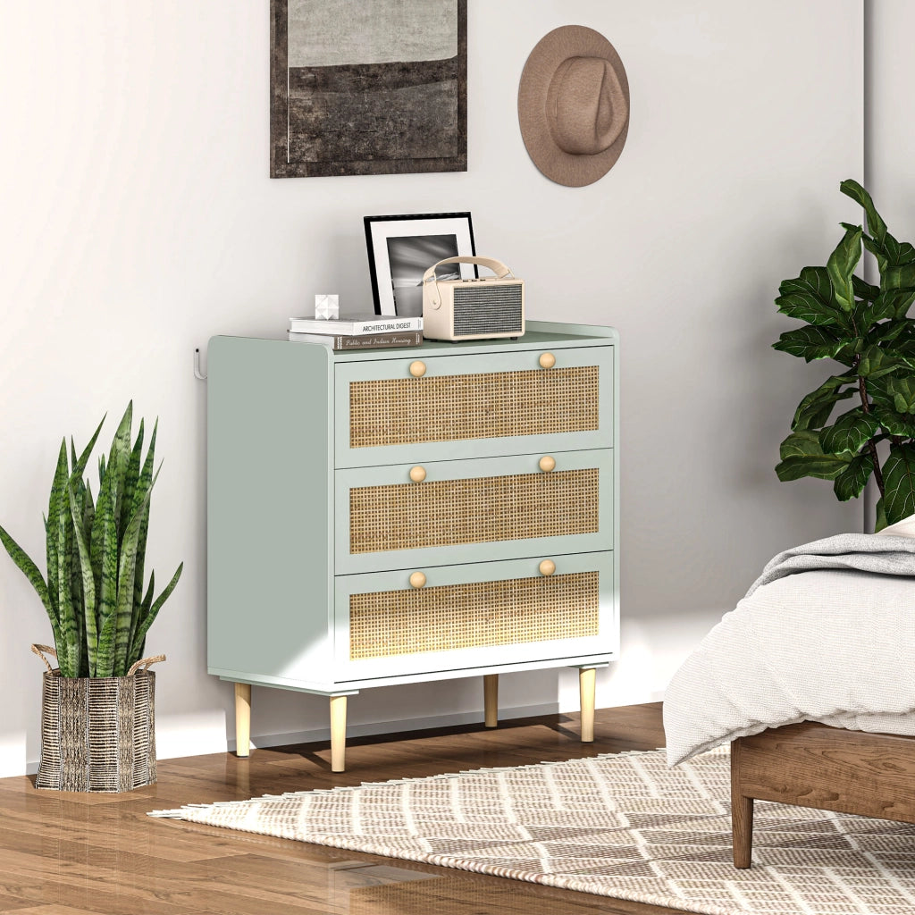 Cassettiera boh¨¦mien rattan naturale ¨C Xylo ¨C 3 cassetti verde oliva
