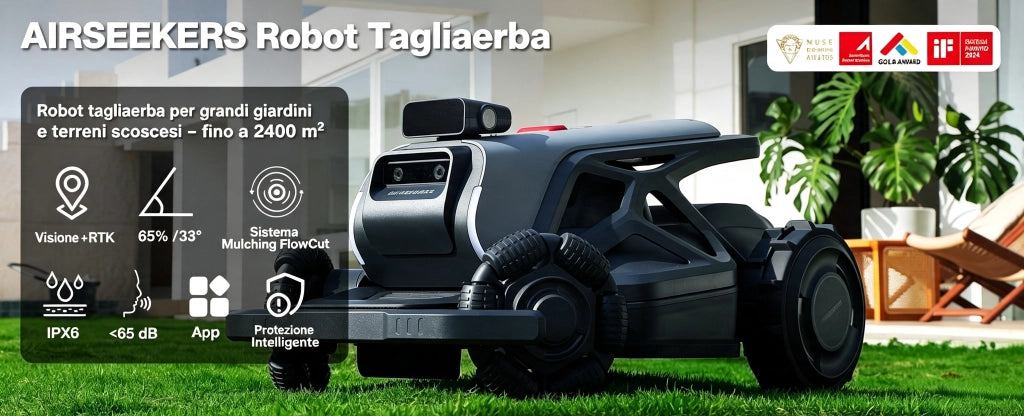 Robot tagliaerba Navigazione AI 300° RTK – impermeabile IPX6 – App per smartphone – 2400 m²