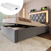 LETTO 90x200 cm in velluto grigio con LED, USB e materasso incluso