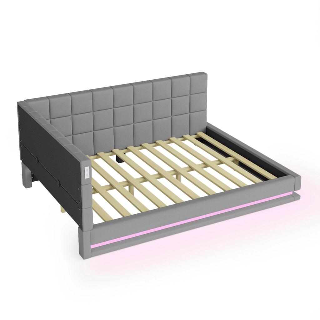 LETTO Imbottito Convertibile 160x200 cm Grigio in lino con LED e USB