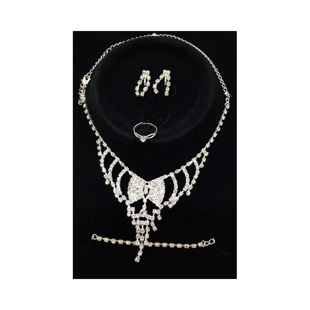 Trade Shop - Set Completo Parure Collana Fiocco Orecchini Bracciale Anello Strass Bigiotteria -