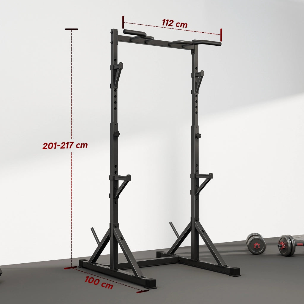 Squat Rack Regolabile con Doppio Supporto, Portadischi e Barra Trazioni ¨C Minimal ¨C Acciaio, Nero, 112-100x201-217 cm