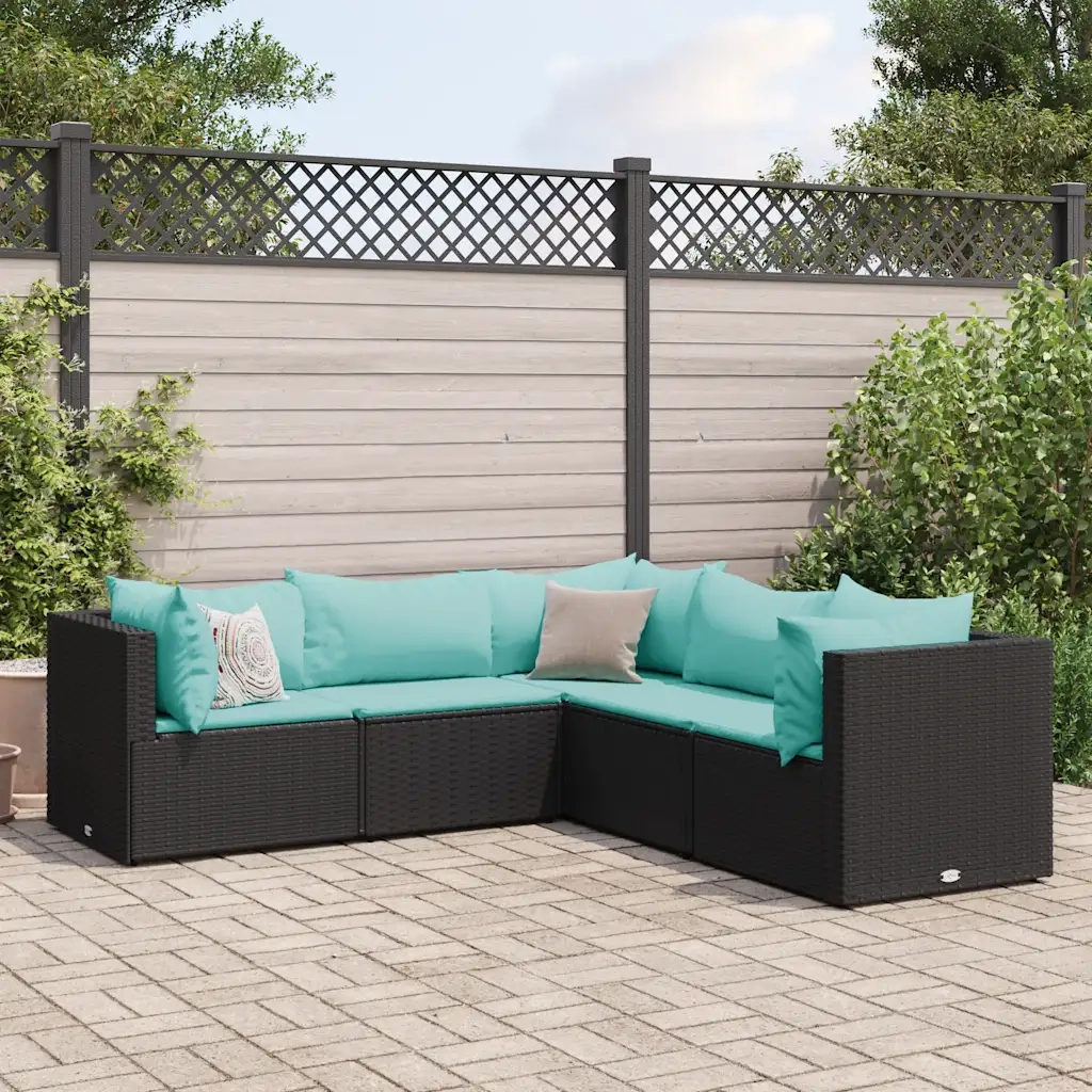 Set Divani da Giardino 5 pz con Cuscini Nero in Polyrattan