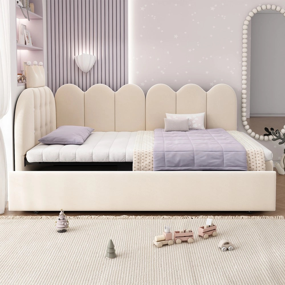 Divano letto estraibile - Zephmum- 90x200 cm- L-Form- Velluto- Beige- Design corona e griglia