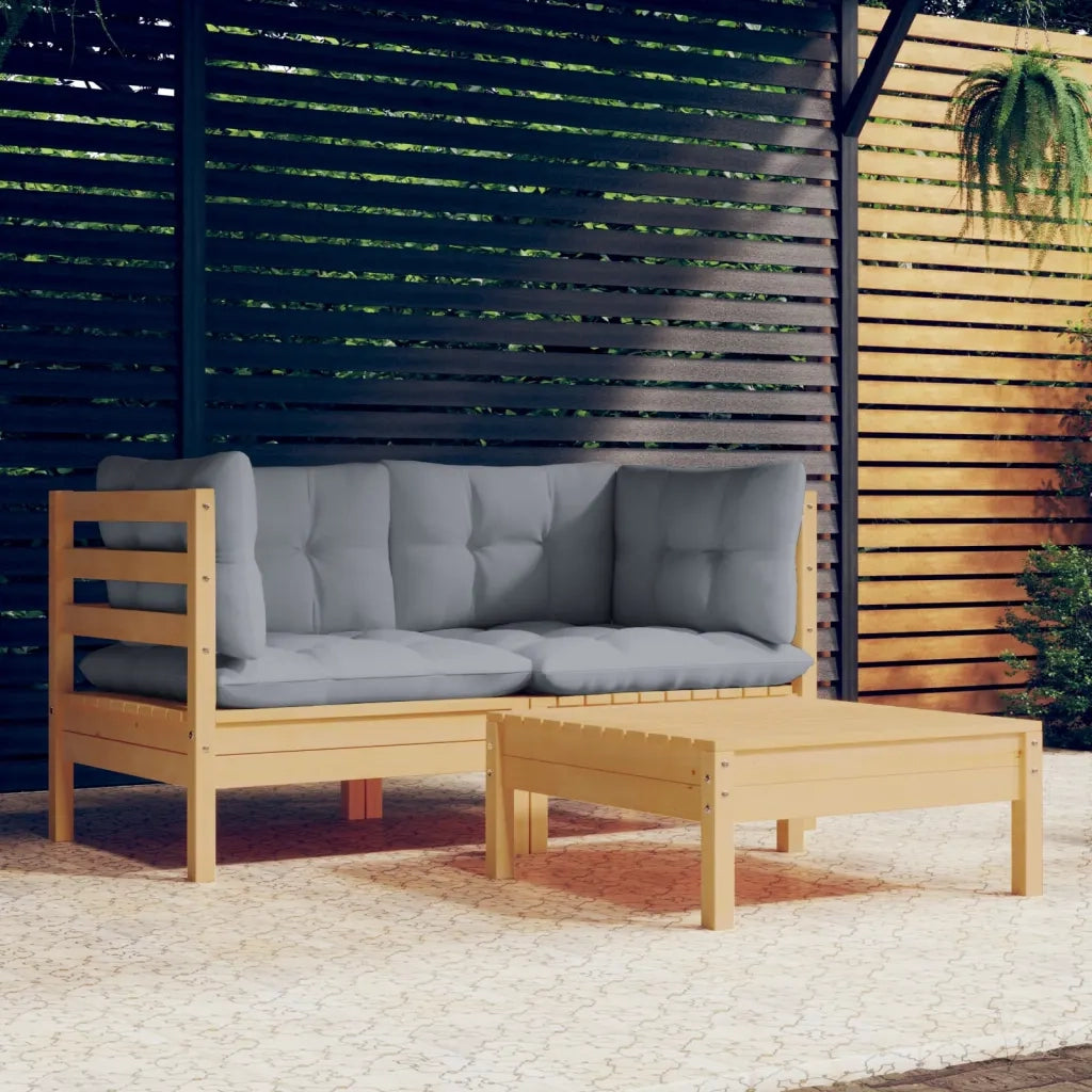 Set Divani da Giardino 3 pz | Set Salotto da Giardino con Cuscini Grigi Massello di Pino