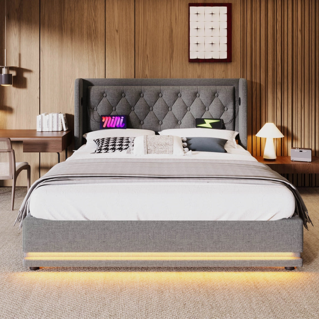 LETTO contenitore 140x200 cm grigio cotone con materasso, USB Type-C e LED