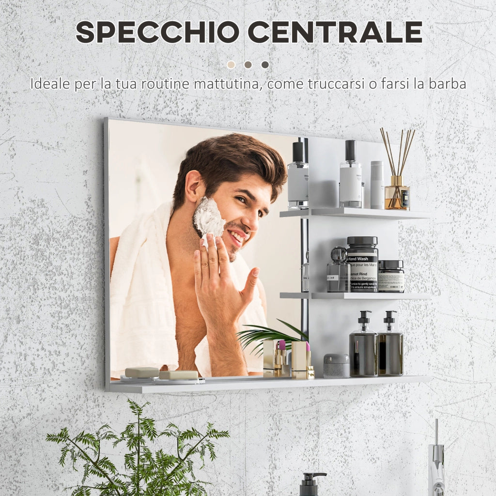 Specchio Bagno con Ripiani Laterali e Inferiore ¨C zephmum ¨C MDF Vetro Bianco 75x10x48 cm
