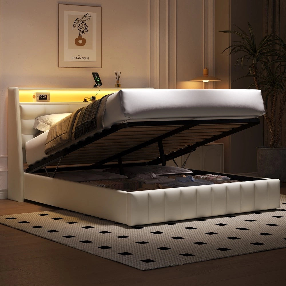 Letto Contenitore Imbottito con LED e USB ¨C MINIMAL ¨C Bianco 160x200