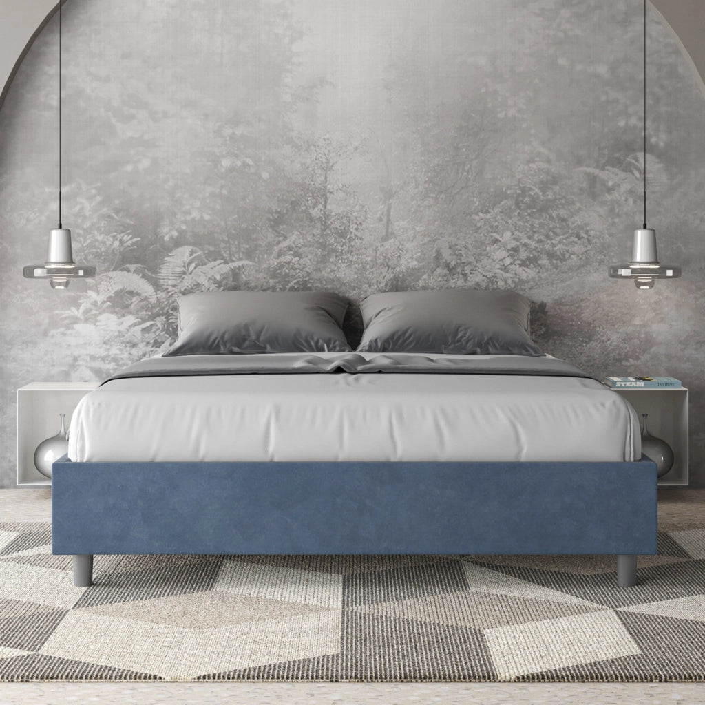 BS COM Letto matrimoniale francese con rete imbottito 140x200 microfibra blu