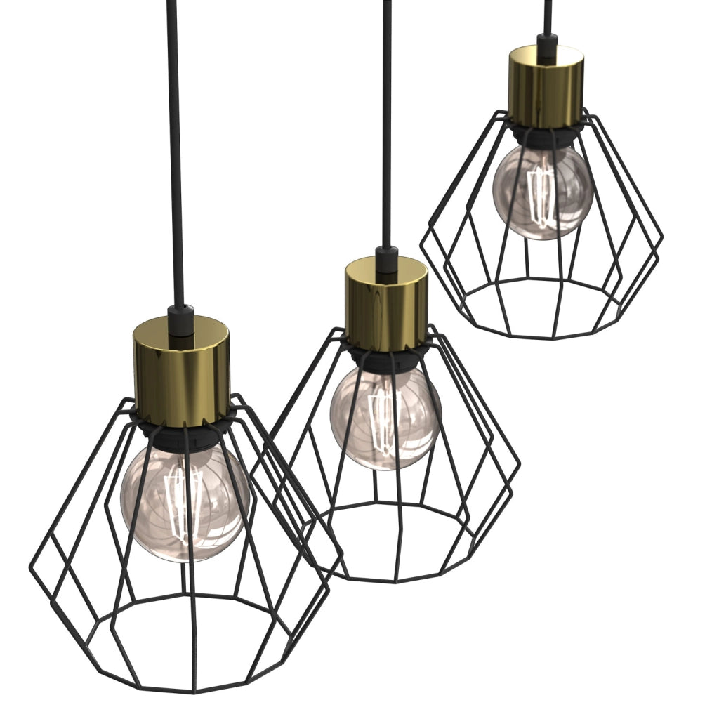 Lampada sospesa industriale Parkla 3 luci E27 nero oro