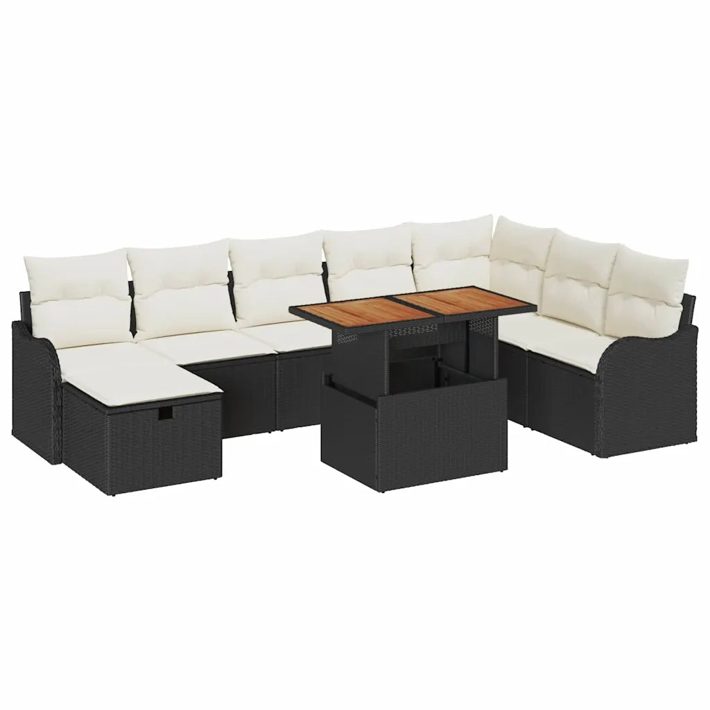 Set Divano da Giardino con cuscino 9 pcs Nero polyrattan