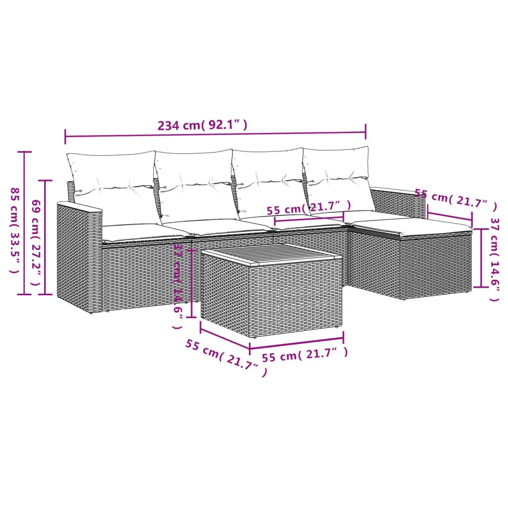 Set Divano da Giardino 6 pz con Cuscini Beige in Polyrattan