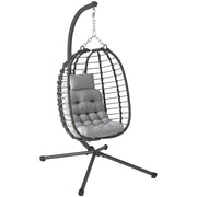 Poltrona sospesa pieghevole in rattan sintetico con supporto e cuscini, grigio