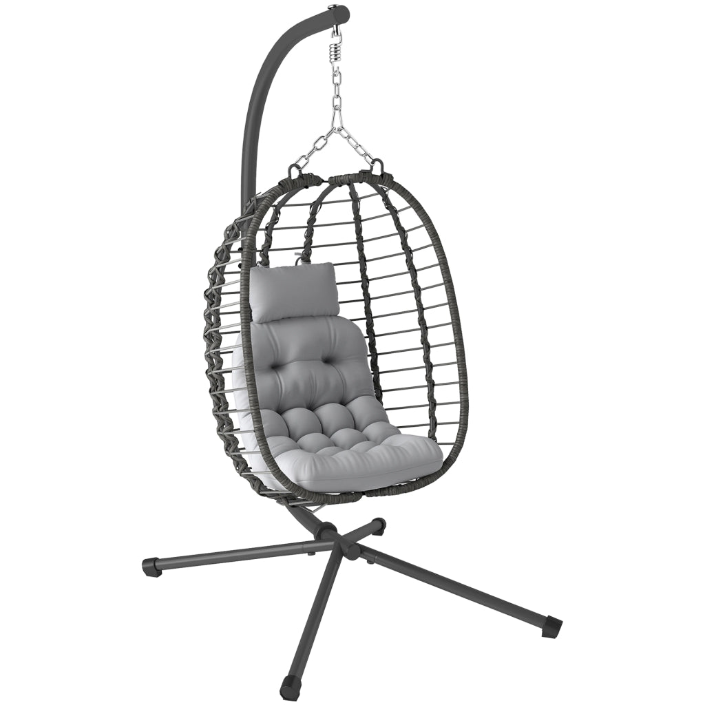 Poltrona sospesa pieghevole in rattan sintetico con supporto e cuscini, grigio