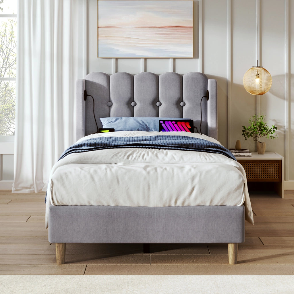 LETTO Imbottito 90x200 cm Grigio in lino con USB e USB-C