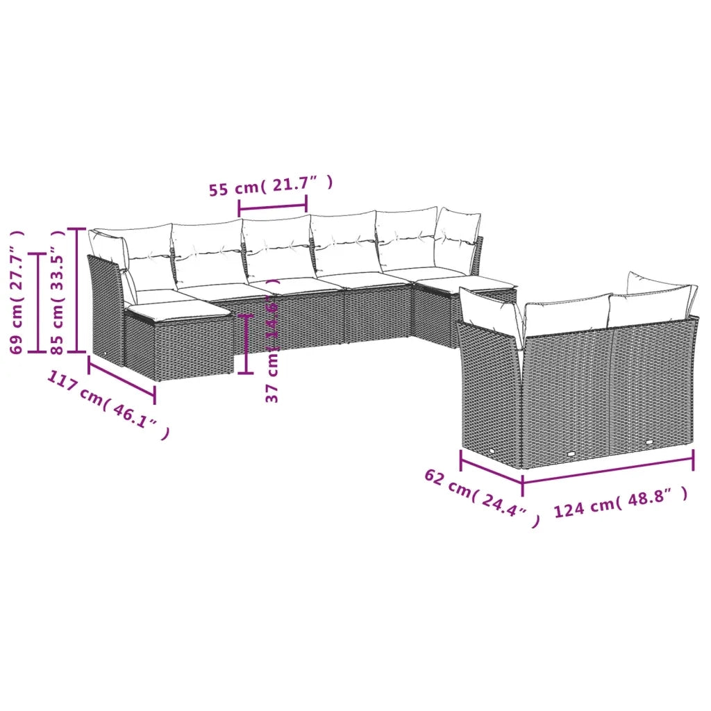 Set Divani da Giardino 9pz con Cuscini Marrone in Polyrattan