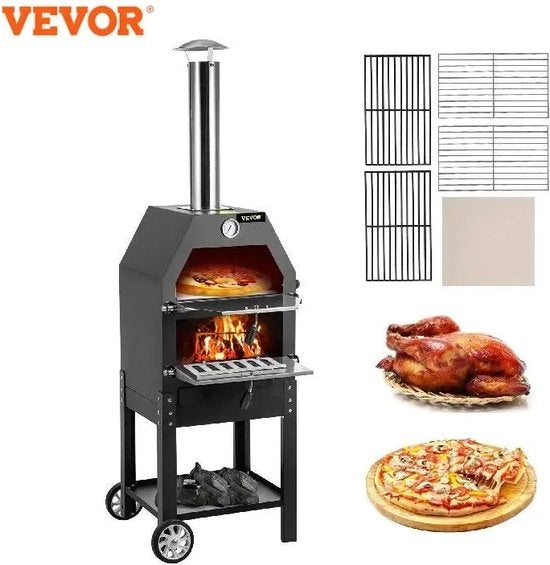 Forno Pizza Esterno con Ruote - Due Strati - Nero