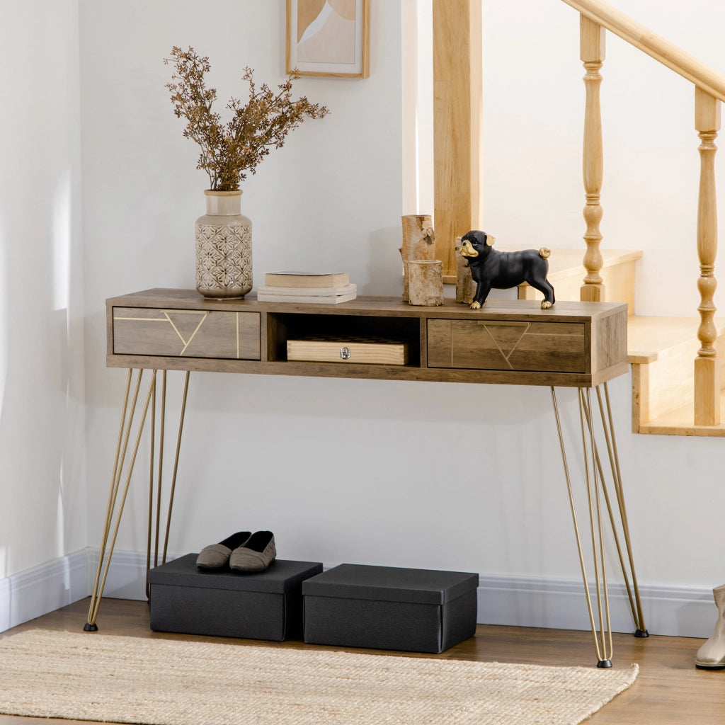 Consolle Ingresso con 2 Cassetti e Ripiano Aperto ¨C Minimal ¨C Legno e Bronce 120x29x79 cm