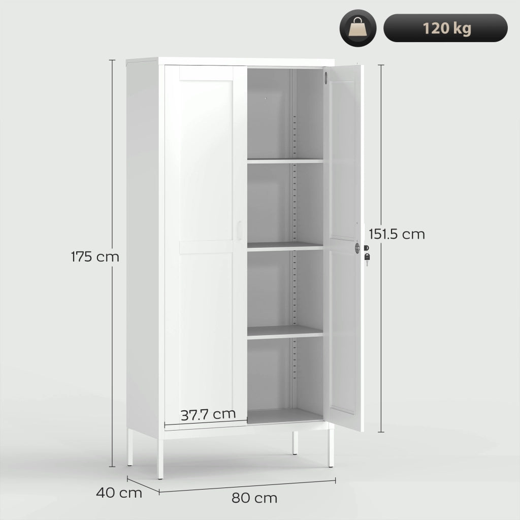 Armadio per Ufficio in Acciaio a 3 Ripiani Regolabili con Serratura e 2 Chiavi, 80x40x175 cm, Bianco
