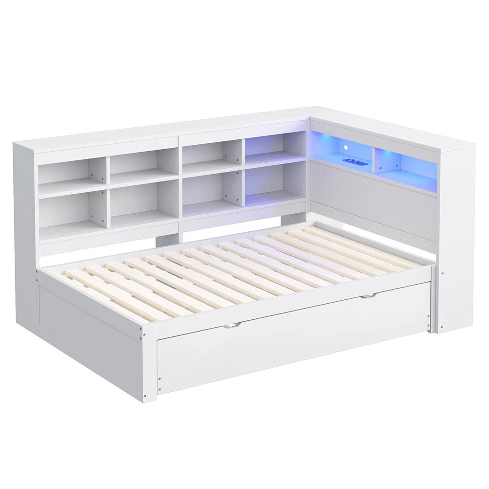 Divano in legno 90x200cm - Xylo - bianco, LED USB, scomparti, spazio