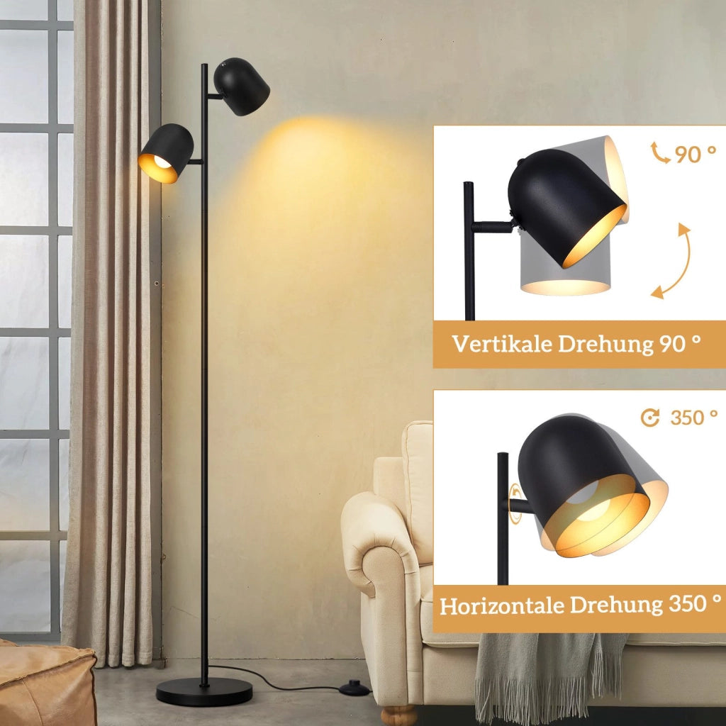 ZMH Lampada da terra nero oro 2 fiamme E14 vintage 145cm