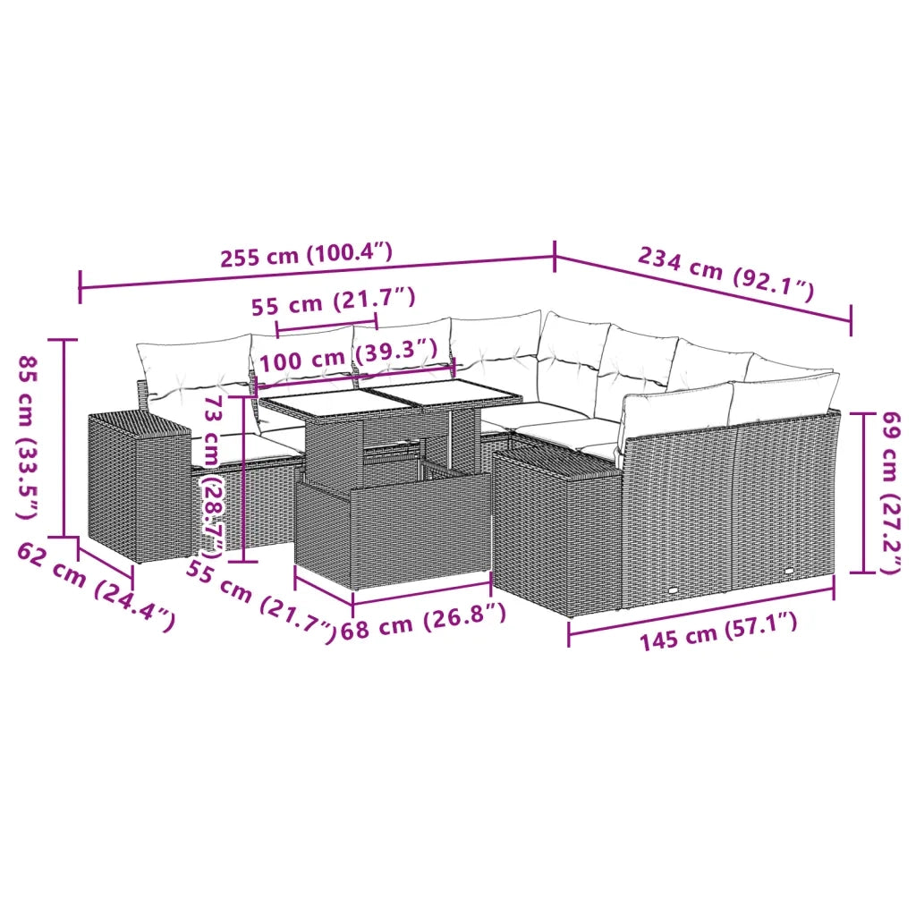Set Divani da Giardino 9 pz con Cuscini Nero in Polyrattan 3269056