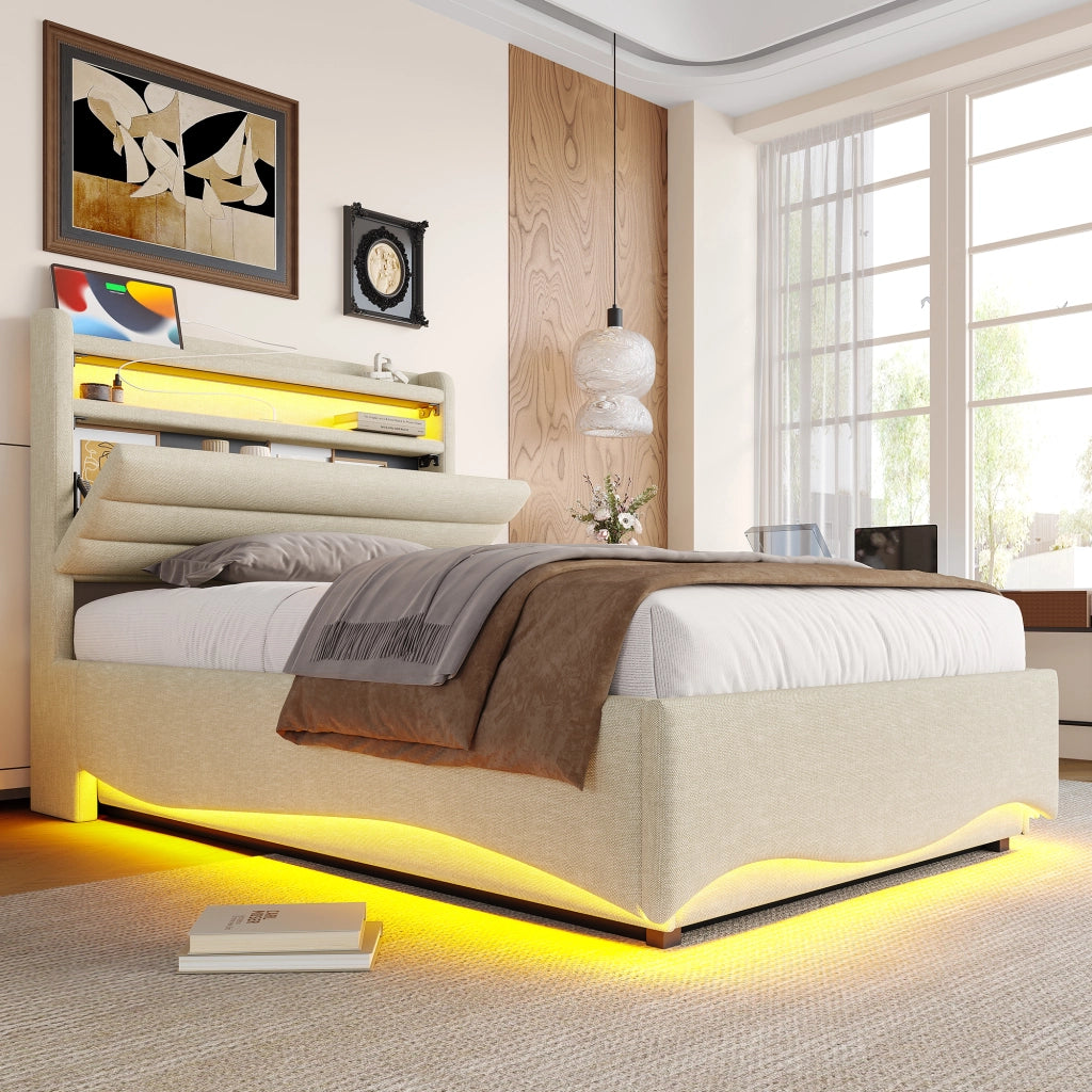 Letto imbottito 90x200 LED idraulico USB/Type-C lino beige