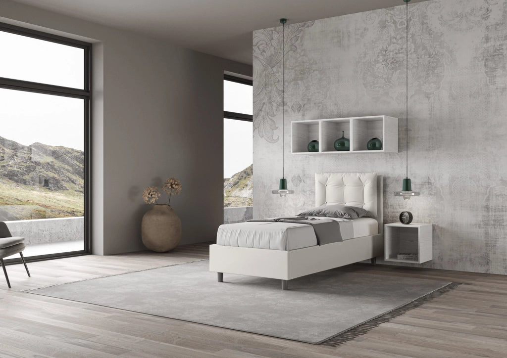 BS COM Letto singolo con rete imbottito 80x190 similpelle bianco