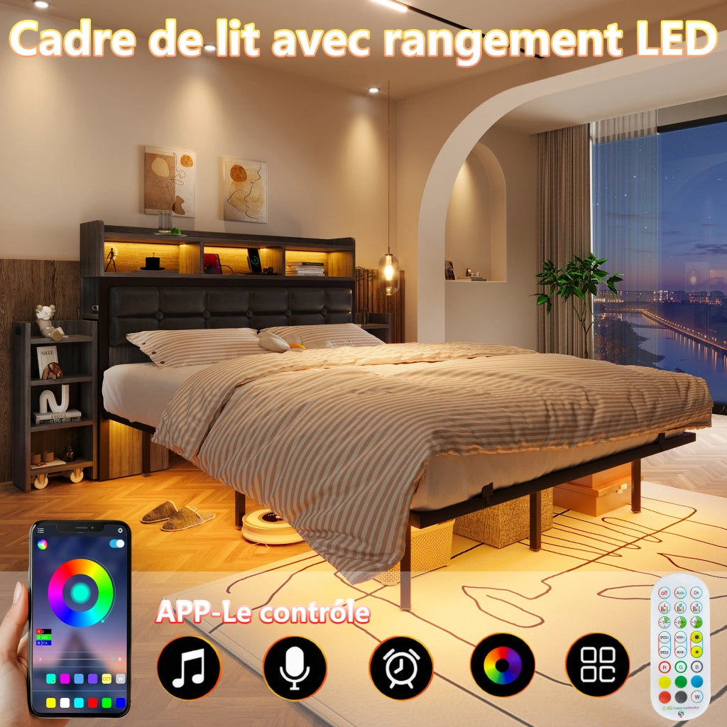Letto matrimoniale 140x190 grigio con doghe 2 comodini estraibili USB/Type-C LED
