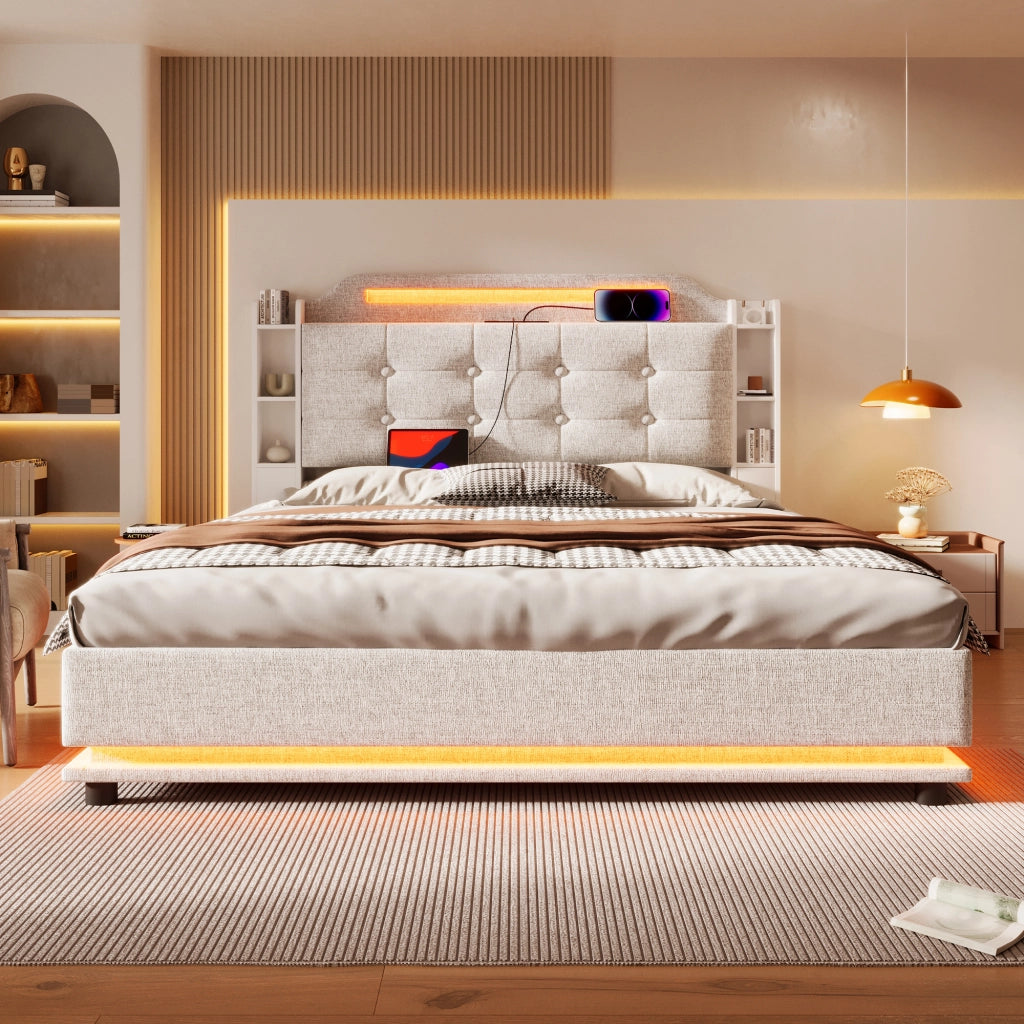 LETTO imbottito 140x200 cm in lino beige con LED e contenitore idraulico