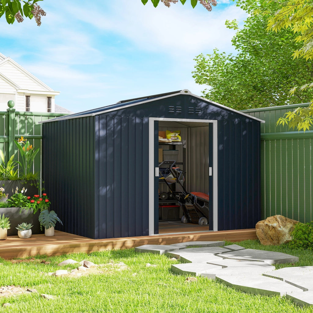 Casetta Porta Attrezzi in Acciaio con Tetto Inclinato e 2 Porte Scorrevoli ¨C zephmum ¨C Grigio Scuro 277x195x192 cm