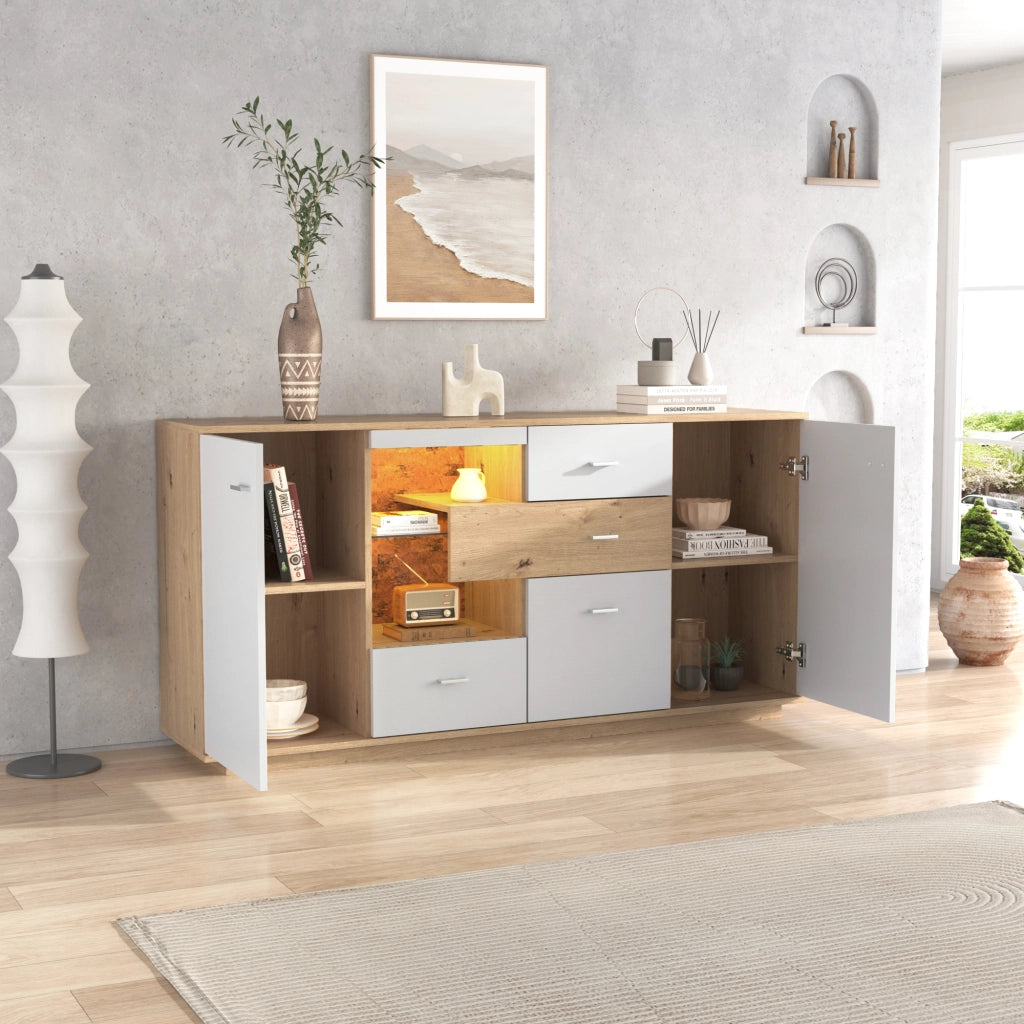OKWISH Credenza Contenitore con 2 Ante e 4 Cassetti, Ripiani Regolabili e LED, per Soggiorno, MDF, 160 x 40 x 77 cm