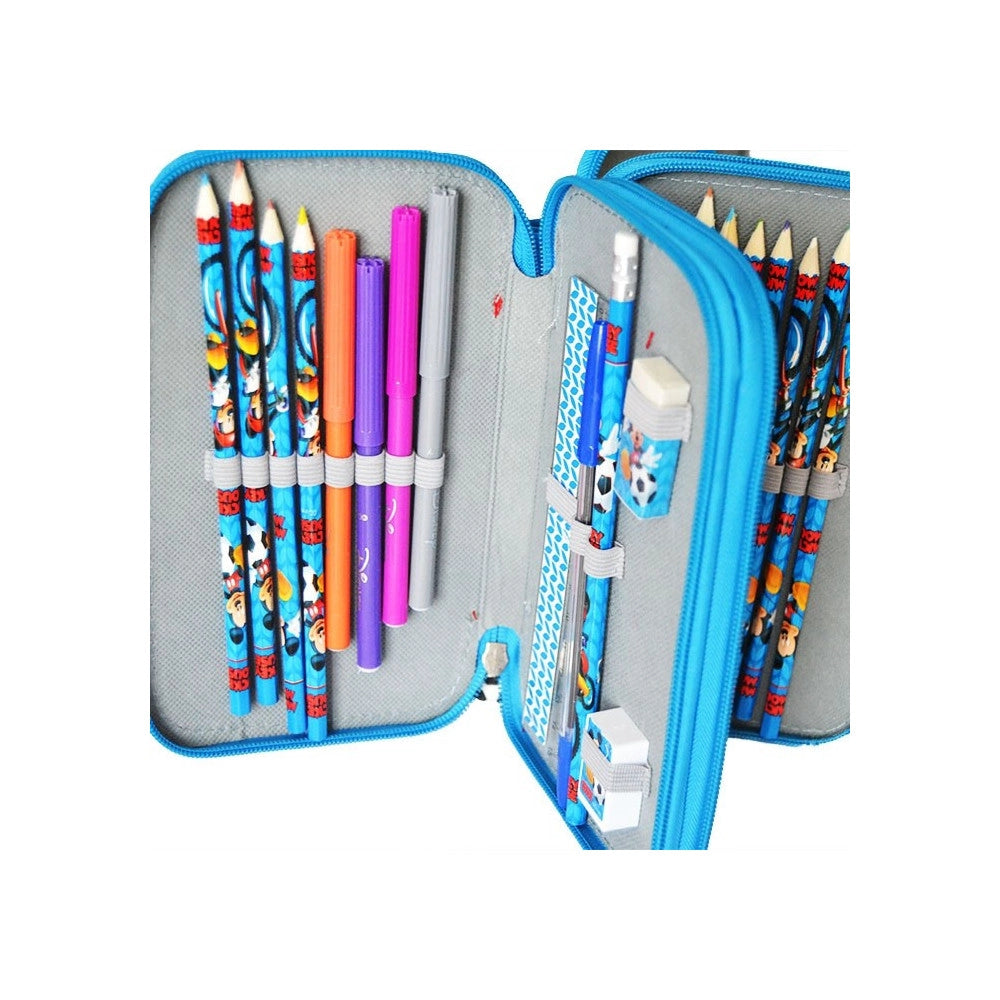 Trade Shop - Astuccio A 3 Zip Disney Mickey Mouse Con Accessori Per La Scuola E Il Disegno -