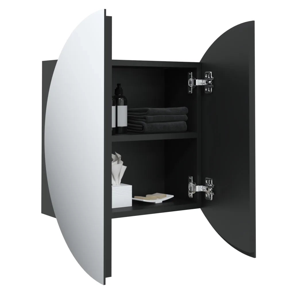 Armadio da Bagno | Mobile da Bagno con Specchio Rotondo e LED Nero 40x40x17,5cm
