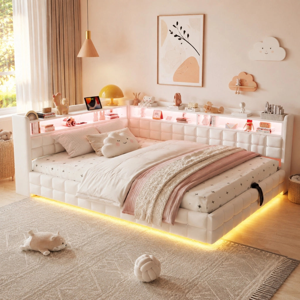 LETTO imbottito 140x200 cm Beige con contenitore idraulico, LED e prese USB-C