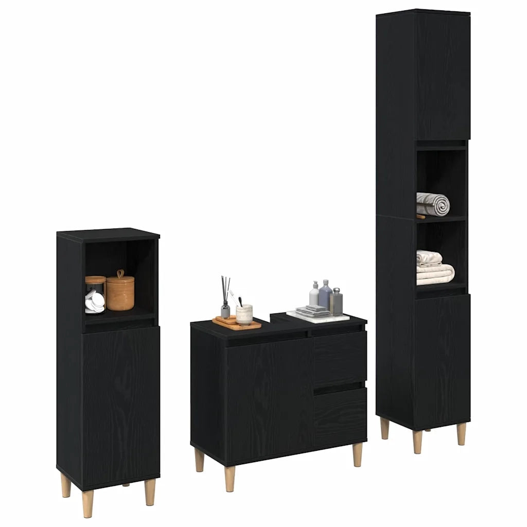 Set di mobili per il Bagno | Armadio da bagno Montaggio a parete 3 pz Rovere Nero