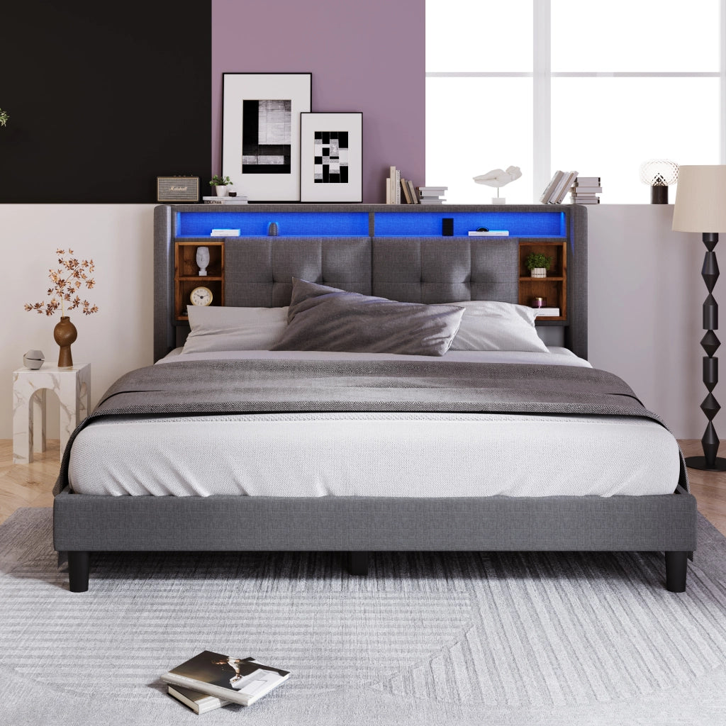 LETTO Matrimoniale 140x200 cm Grigio con testiera contenitore, LED e USB