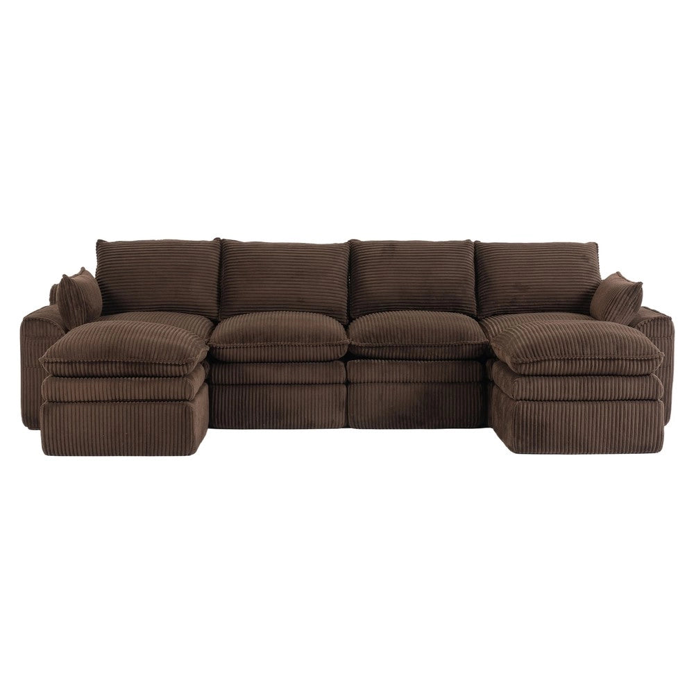 Divano modulare a 4 posti con pouf - Zephmum - Marrone, cuscini inclusi, 3 strati schiuma