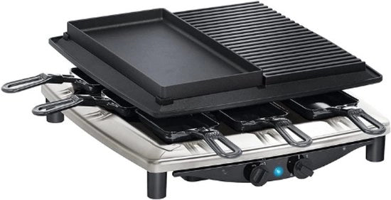 Raclette a 4 Plus Deluxe - Cromo - Made in Germania - Piatto Grill a Antifiamma - Piatto Grill in Pietra Naturale - Resistente ai Tagli e alle Scalfitture - Incluso Piatto di Acciaio Inox Riscaldabile