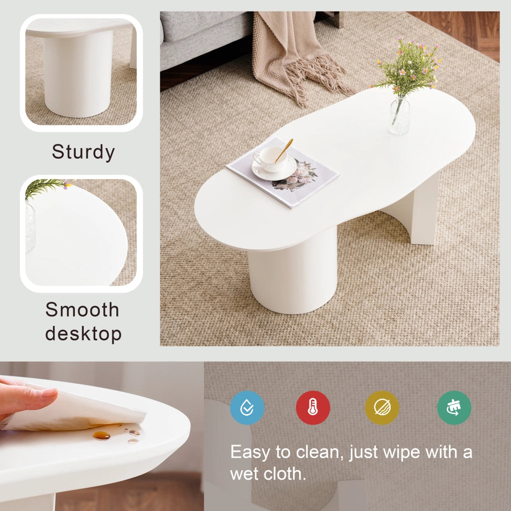 Tavolino basso in MDF laccato bianco con piano irregolare, struttura stabile, per soggiorno, 100 × 40-50 × 40.5 cm