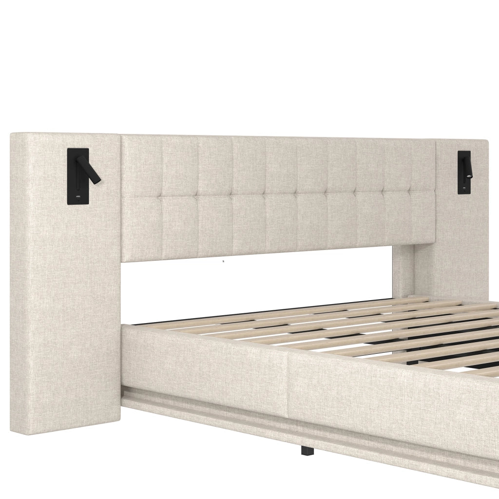LETTO imbottito 180x200 cm Beige in lino con LED, USB e spot