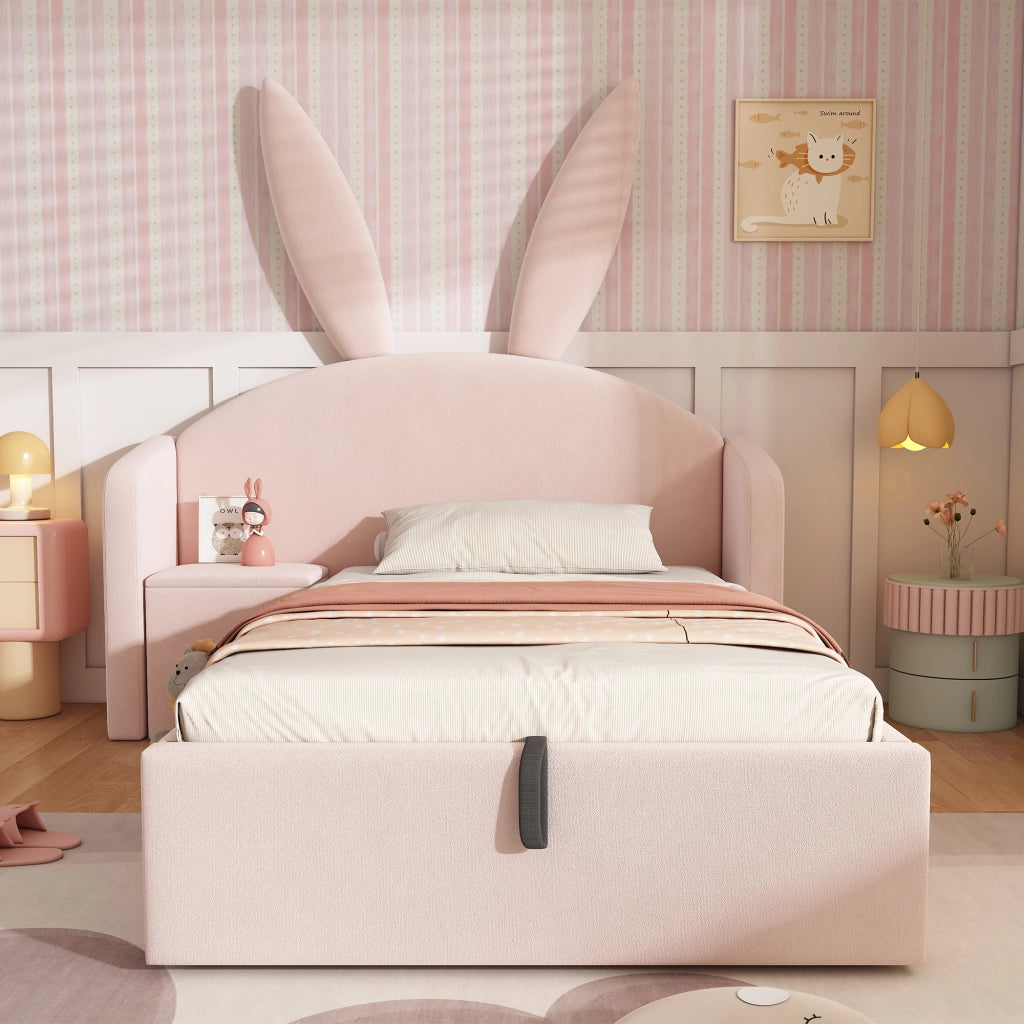 LETTO imbottito 90x200 cm Rosa in velluto con comodino laterale e contenitore