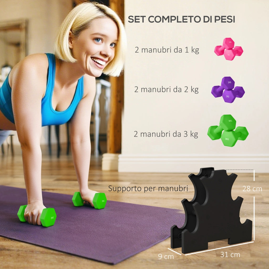 Set manubri con supporto ¨C zephmum ¨C 6 pezzi 1kg 2kg 3kg multicolore
