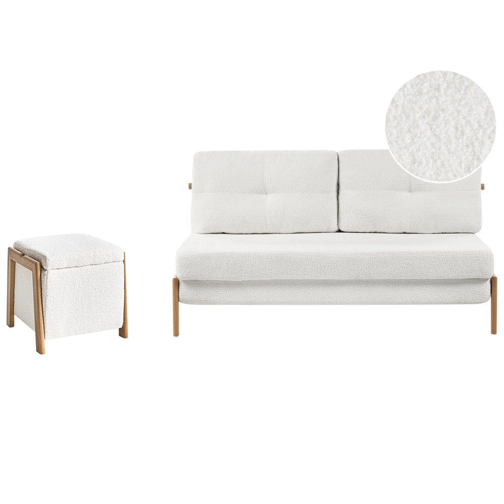 Set divano e pouf Bouclé bianco imbottito Gambe in ferro Funzione letto Contenitore aggiuntivo Stile moderno