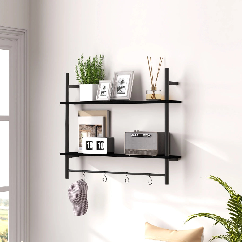 Scaffale a Parete 2 Livelli con 4 Ganci ¨C Minimal ¨C 80x24x65 cm Nero