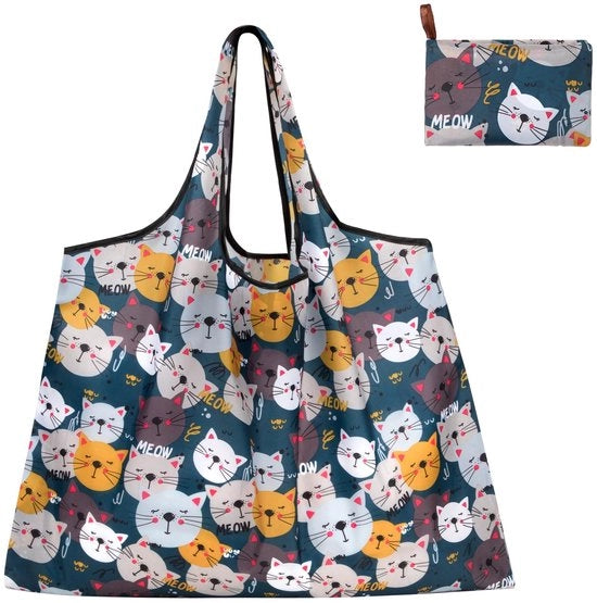 Tas per Spese Opvougable - Riconfezionabile - Disegno Gatto - Borsa da Trasportare 50x66cm - Capacità di 20kg - Comparto Interno Piccolo - Borsa Riconfezionale